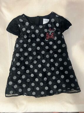 Disney Black Polka Dot Girls Dress with Red Bow Accent